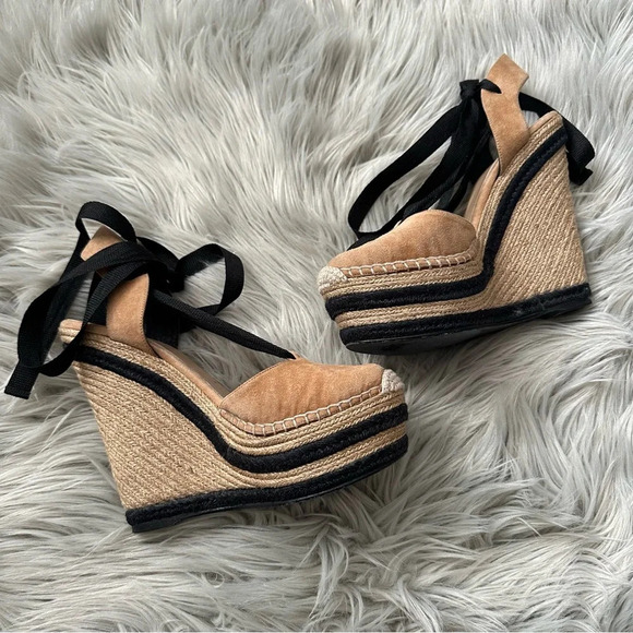 GUCCI Suede Wedge Wrap Espadrilles in Tan and Black Size 7 - Picture 4 of 11